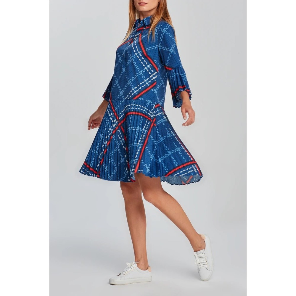Gant Blue Plaid Diagonal Stripe Pleated Drop Waist Shirt Dress Size 4 Career‎